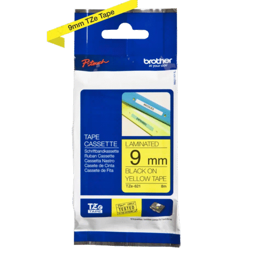 Brother TZe-621 Labelling Tape Cassette – 9mm Black on Yellow.