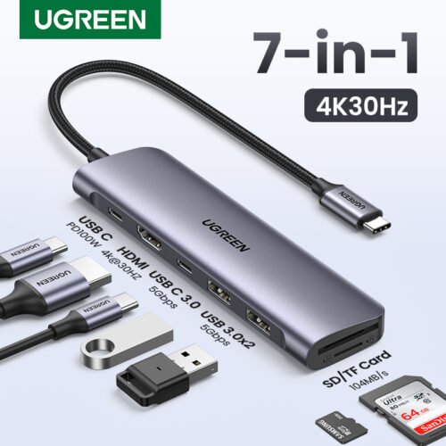 UGREEN 7 in 1 Multifunction Adapter, USB-C To USB 3.0 A ( 2 port) + USB-C + 4K HDMI + SD & TF Card reader +PD Converter (CM195, UG-15214)